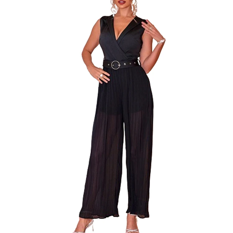 Luxury High Quality Elegant Women formal Party Sleeveless V-Neck Wide Leg Party Jumpsuit Fashion Ladies Clothes