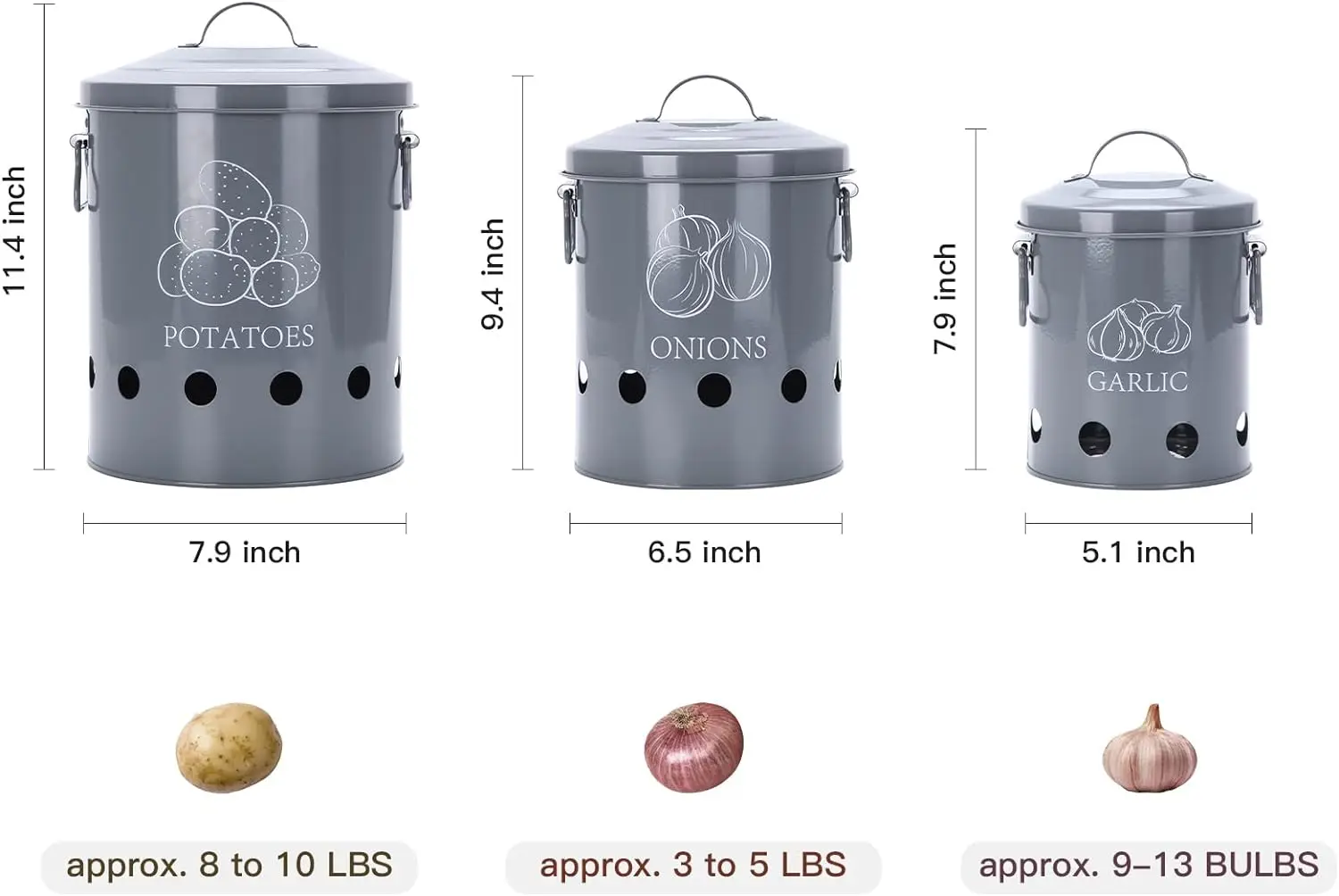 Set of 3 Kitchen Pantry Organizer and Tin Vegetable Keeper - Vintage White