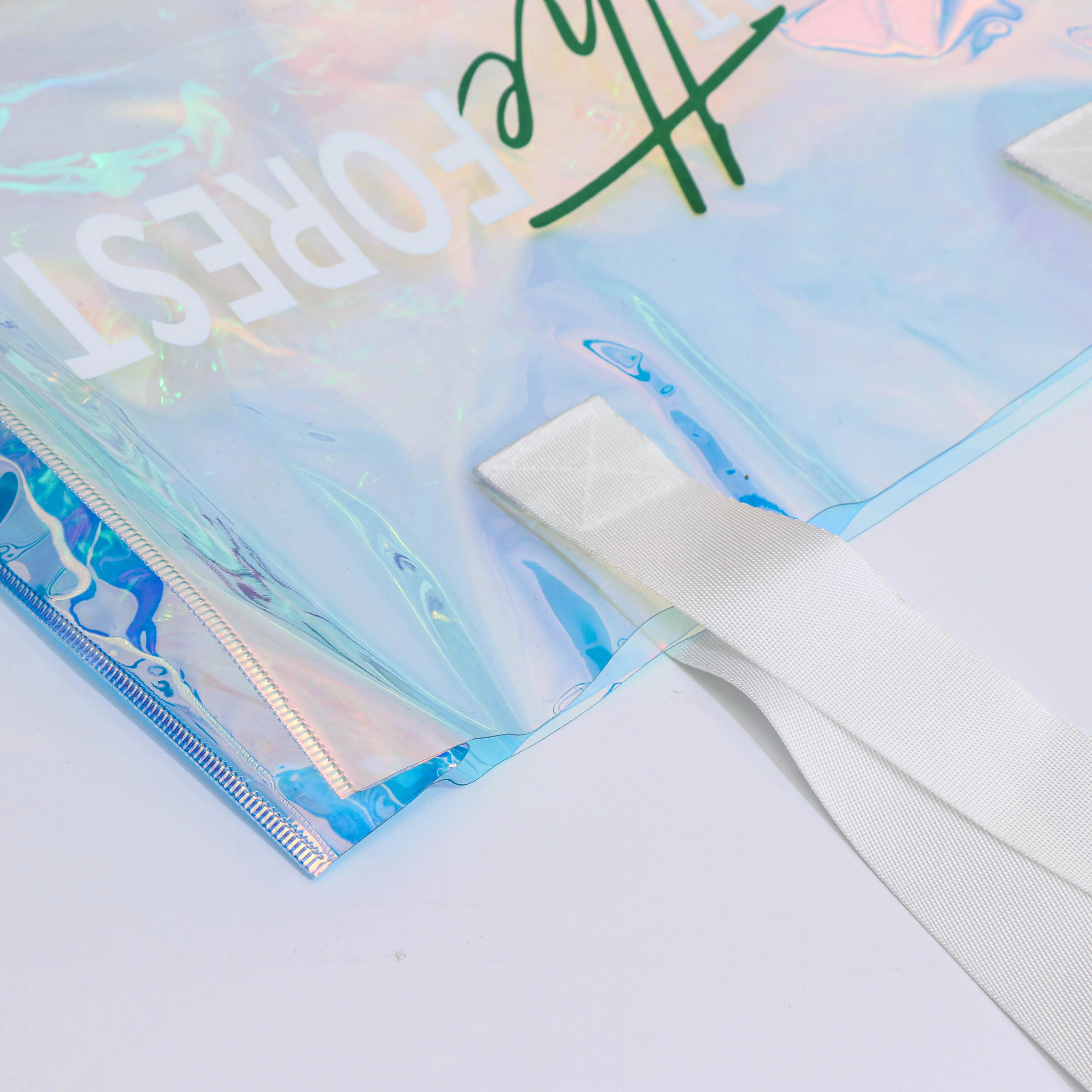 good price fashion handle pvc shopping bags womens shoulder plastic holographic tote with logo