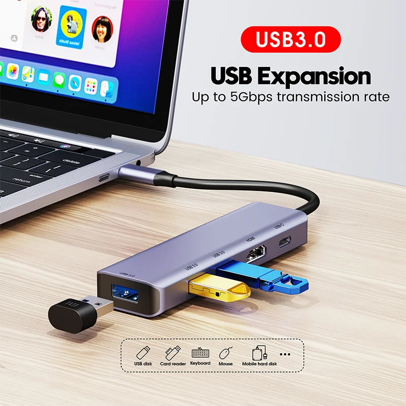 5 in 1 USB C Hub Laptop Docking Station with 4K HDMI 2 USB 3.0 Port 100W Power Delivery for MacBook Pro iPad Pro