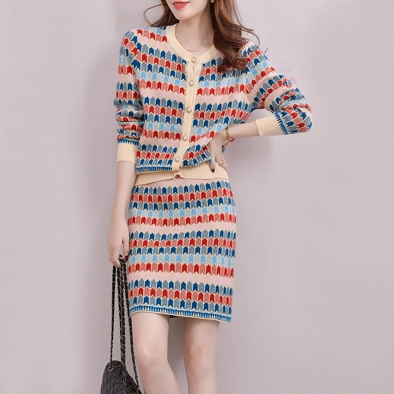 Sweater Women Two Piece Clothing Buttoned Fall Long Sleeve Knit Top And Skirt Set