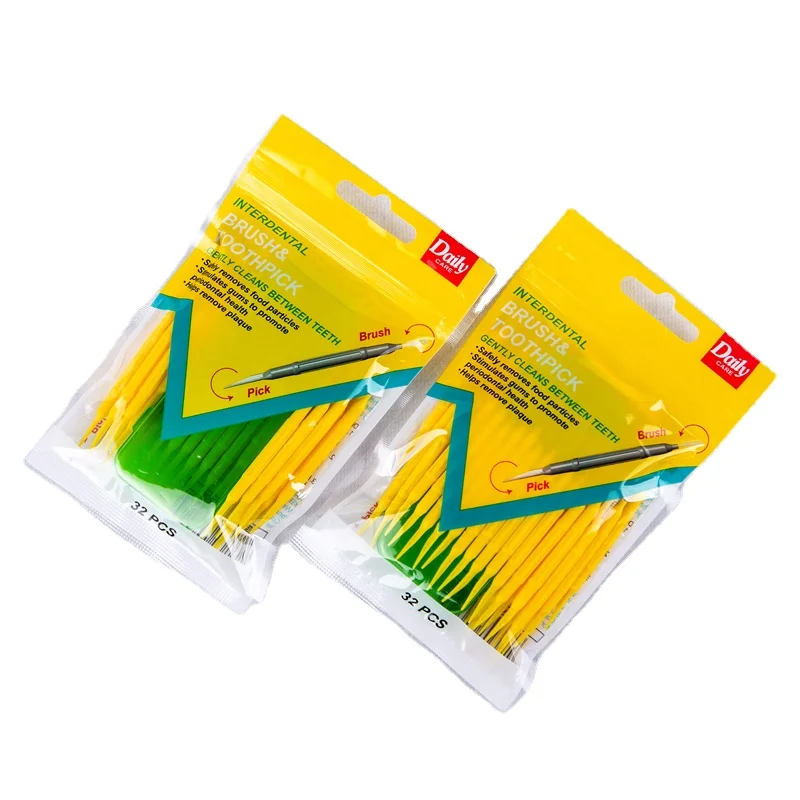Double-ended interdental brush, one end is toothpick, the other end is interdental brush.