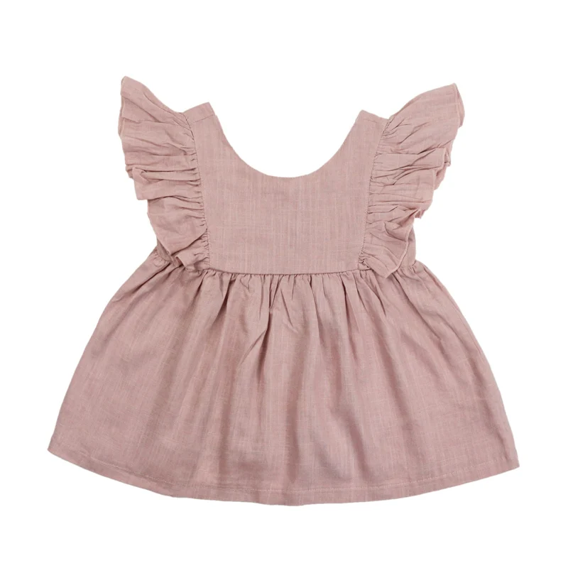 Wholesale Boutique Babi Girl Summer Linen Party Dress Plain Color Designs Ruffle Pink Dresses