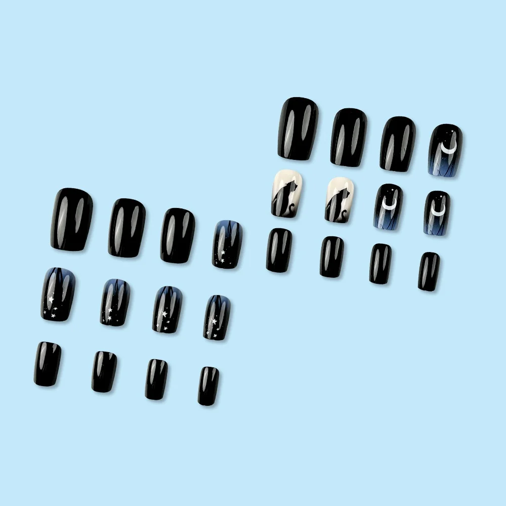 Hot-Selling Ins Style Cartoon Black Cat Nail Art Patch Dark Night Blue Starry Sky Gradient Nail Charm Armor Resin Paper Material