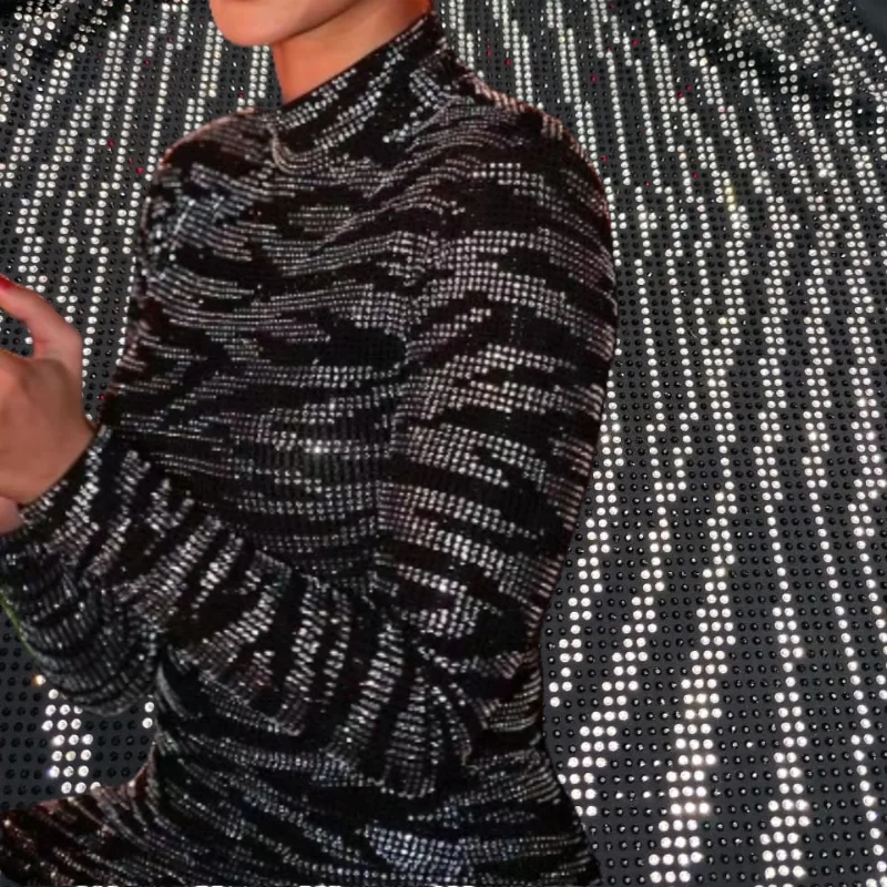 High Quality 2mm Space Rhinestones Shiny Black and White Crystals Glued to Spandex Fabric for Clothing