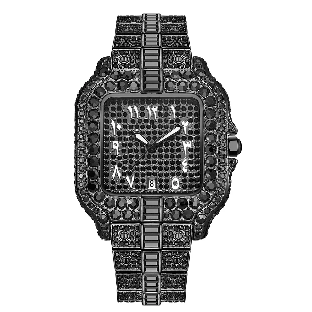 Hot promotion square steel strip timing calendar japan quartz movement diamond watch for men high end light luxury