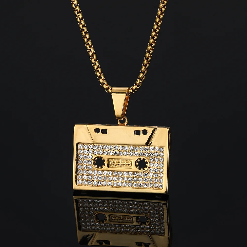 Hip Hop Designer Vintage Rock Cassette Records Waterproof Tarnish Free Stainless Steel Jewelry Pendant Necklaces Man Men Male