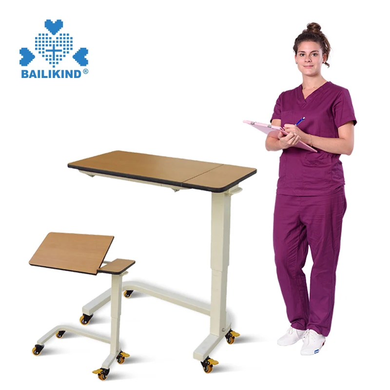 SKH201-4 Patient Dining Wooden Medical Adjustable Overbed Bedside Table With Wheels
