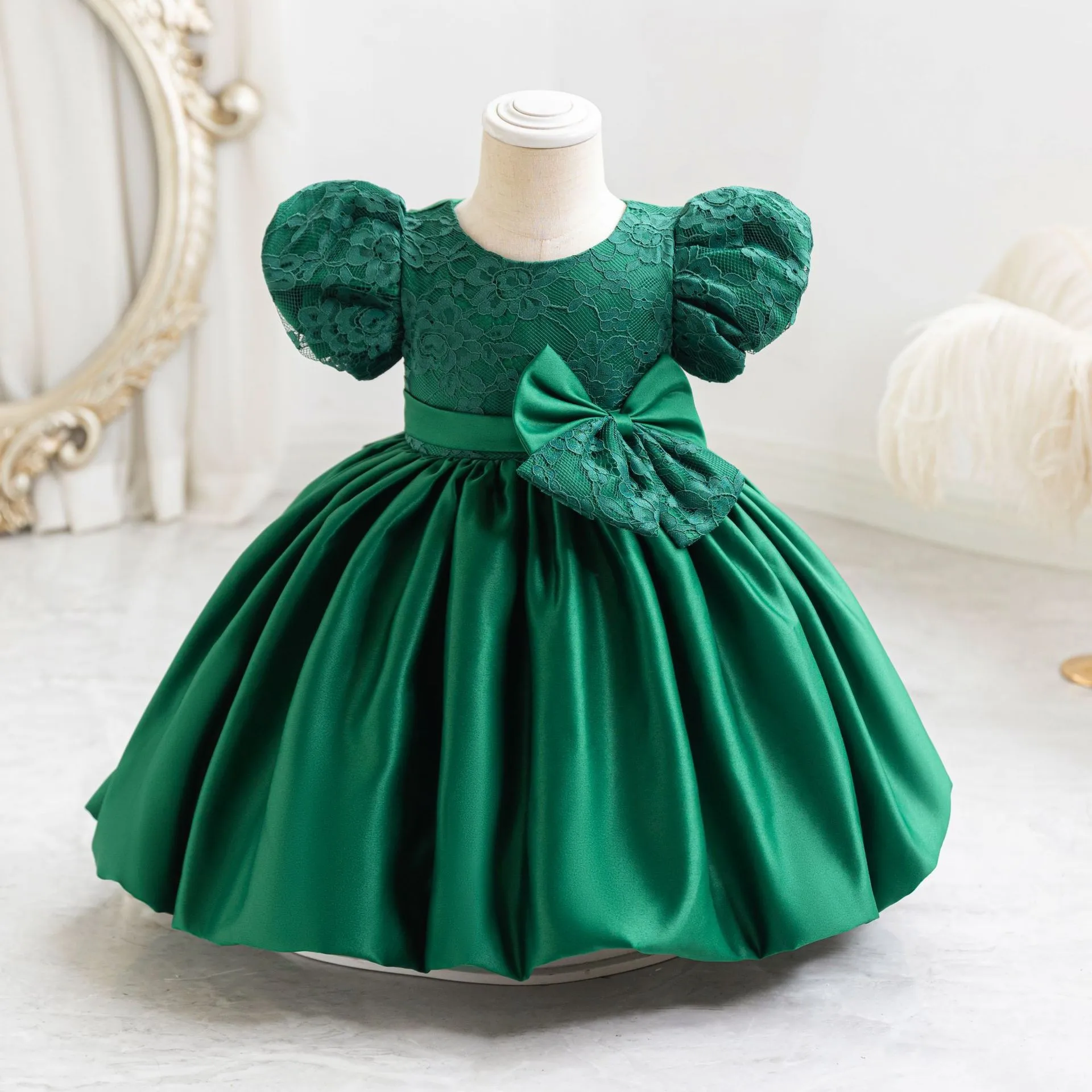Children Dress Models Kids Clothing Baby Flower Girl Short Sleeves Birthday Party Green Dress