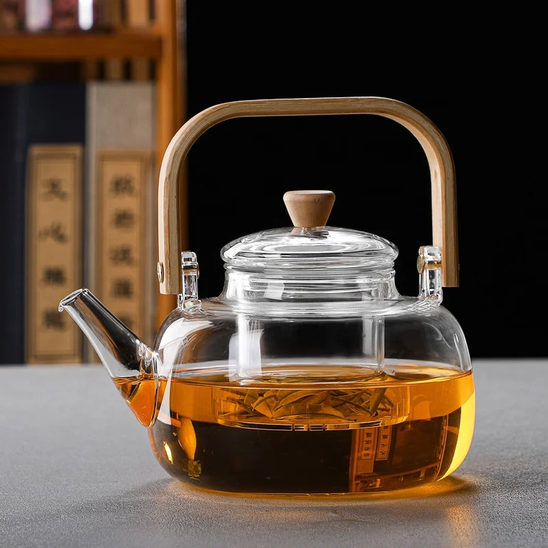 Wholesale Bamboo wood handle Borosilicate Glass Teapot  tea kettle pot boiling teapot heat-resistant