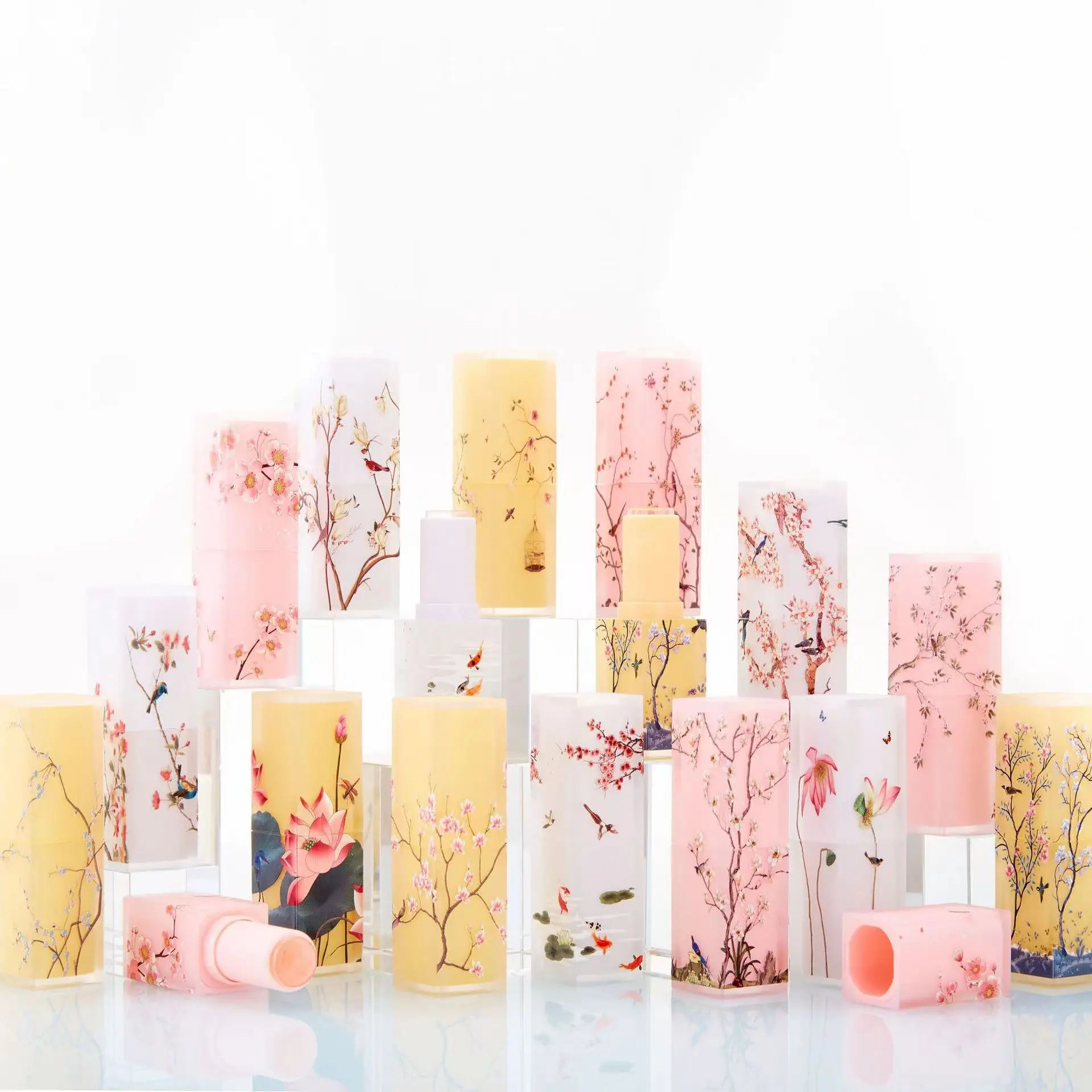 Wholesale 3D Printing Flower Design Square Empty Plastic Lipstick Packaging Pink White Yellow Lip Balm Tube Container