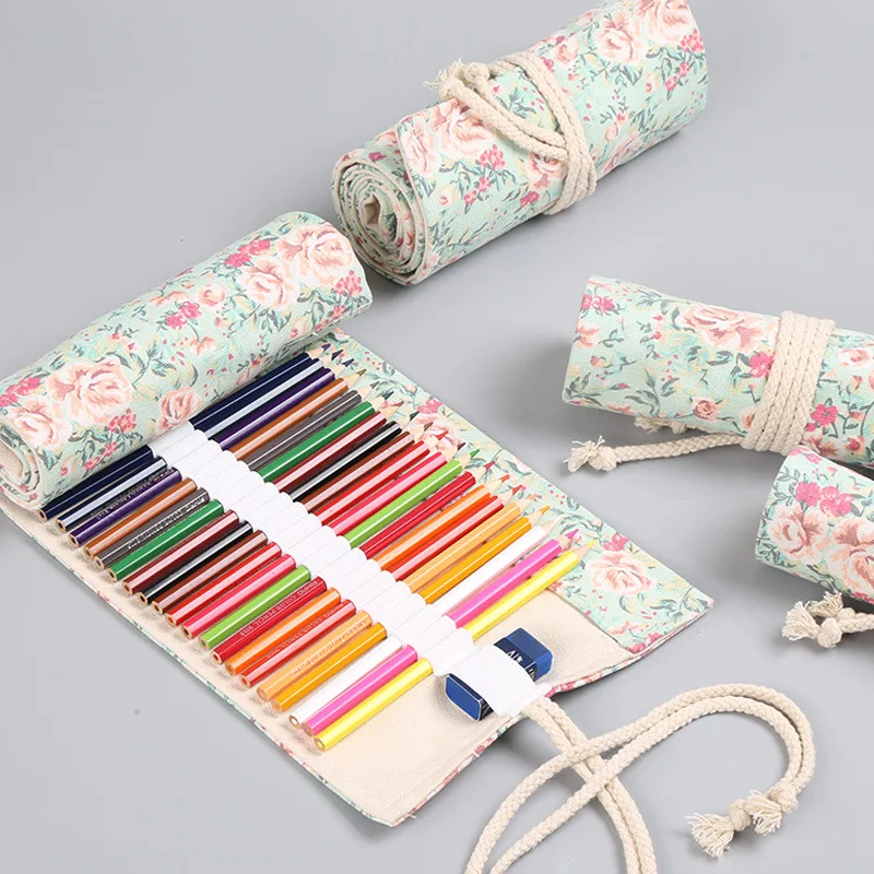 Canvas Floral Roll Color Sketch Pencil Cases with A Rope Tie Wholesale  MultI Holes Pens Storage Bags