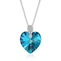 Gold&Silver Island 100% Real S925 Sterling Silver Pendant Blue Gem Heart Stone for Women with Box Chain 14*18mm HOYON