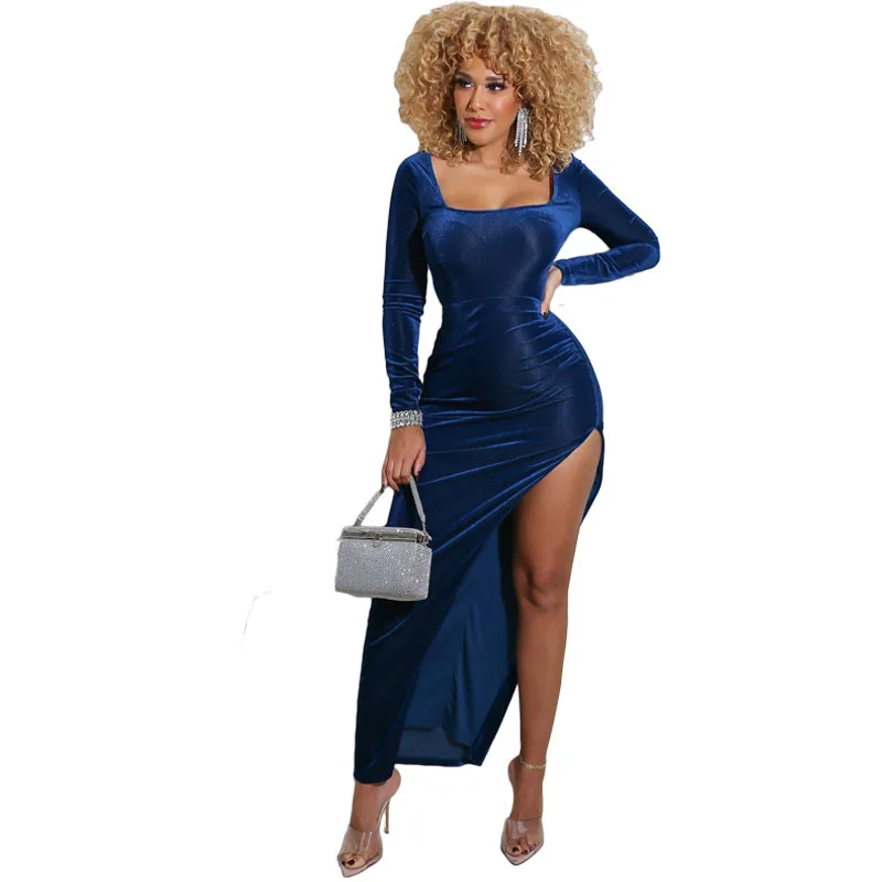 Feeling Fall Velvet Plus Size 2XL Office Lady Long Sleeve Square Collar Sexy Slit Pleated Casual Dresses