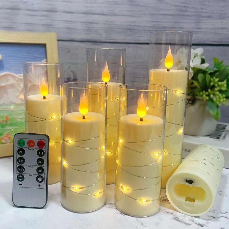 Flameless Flickering Plastic Candles with Embedded Star String Battery Operated LED Pillar Candles with Timer and Remote