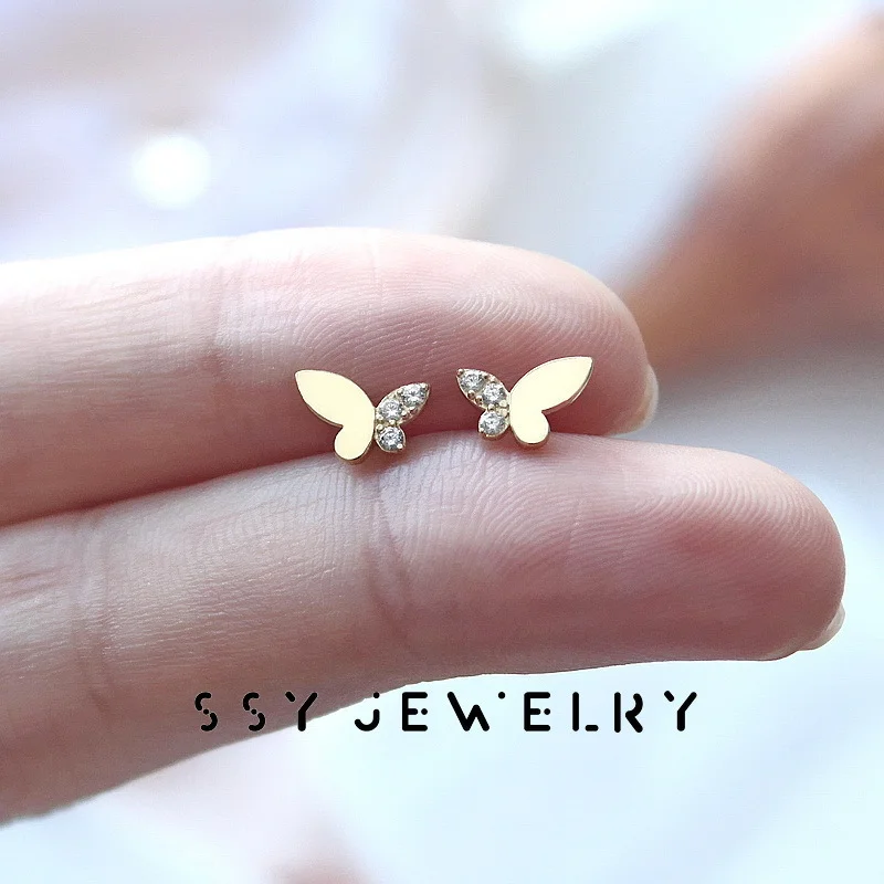 KREH45 S925 Sterling Silver Plated 14K Gold Butterfly Earrings Japanese Korean Style Zircon Inlaid Super Immortal Jewelry
