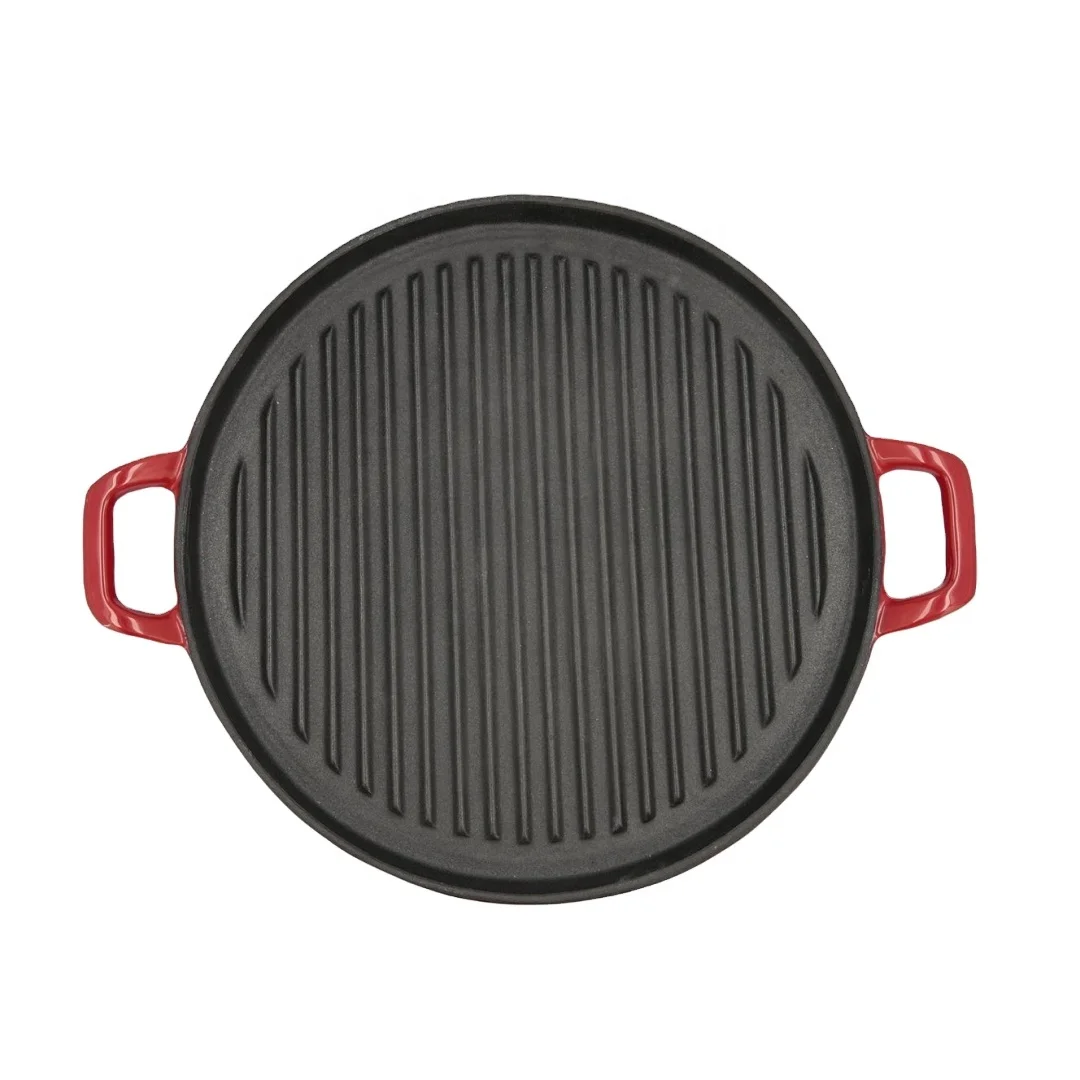kitchen non stick enameled cast iron stove top round bbq griddle plate grill pan with double handles