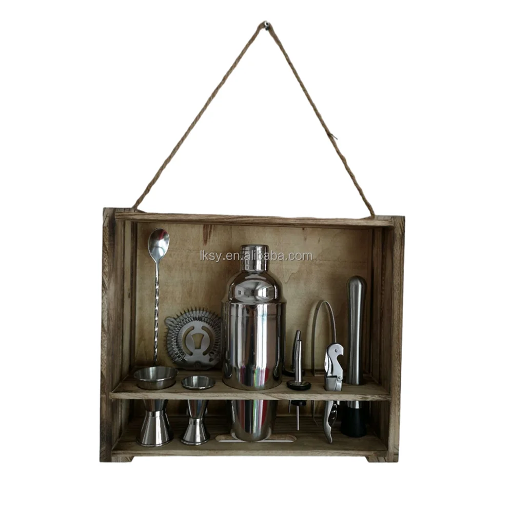 
Custom Logo Packaging 11PCS Patent Rustic Hanging Wood Bamboo Box Rack Stand Bartender Kit Bar Set Cocktail Shaker Set 