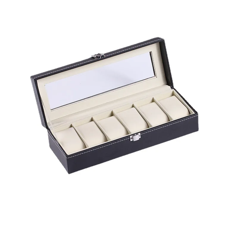 Luxury Black Display Case Organizer Glass Jewelry Storage 6 Slot PU Leather Watch Case Box