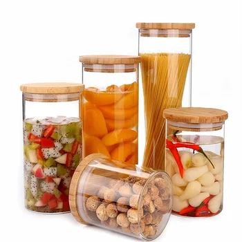 Eco-friendly high borosilicate glass cookie candy honey food glass storage jar airtight bamboo lid glass jar