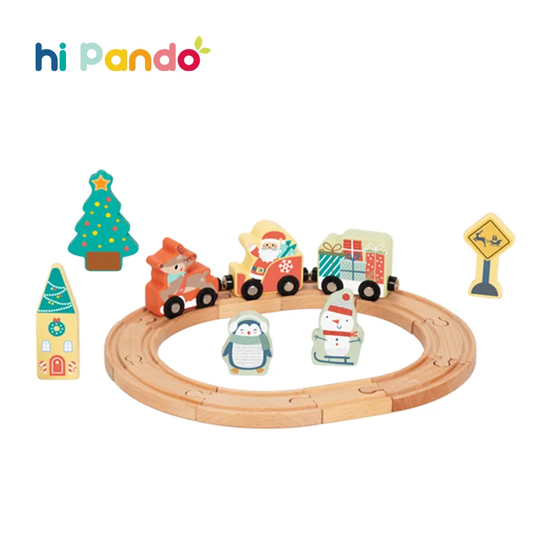 Wooden Christmas Train Track Puzzle Montessori Toys Railroad Santa Claus Sleigh Gift for Kids