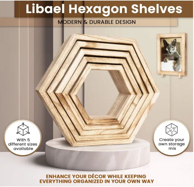 Hexagon Floating Shelves with Photo Frame Natural Premium Wood Set of 5 Hexagon Shelves for wall, Farmhouse Honeycomb Shelves