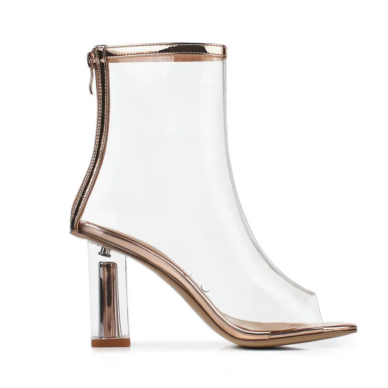 PVC Jelly Women Ankle Boots Transparent Peep Toe Ankle Boots Square High Heel Back Zip Short Booties
