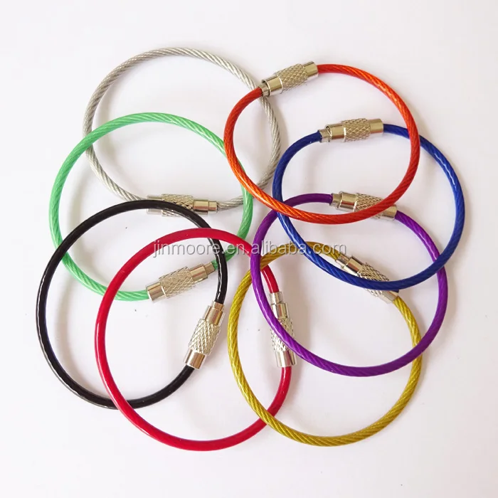Colored Stainless Steel Wire Keyrings Rope Keychain Tag Rope Wire Cable Loop Screw Lock Gadget Ring