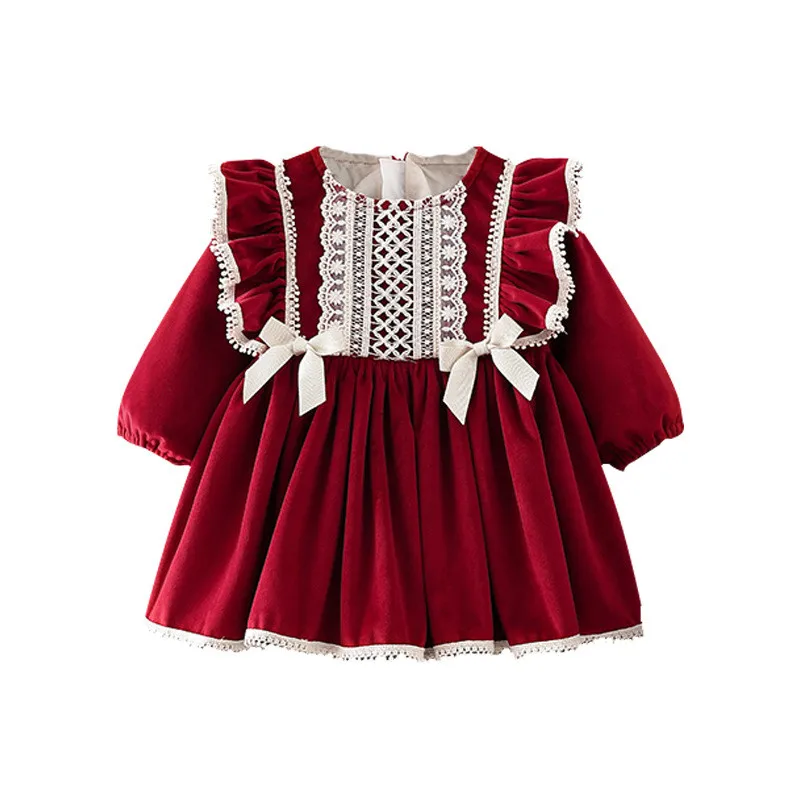 
2021 New Arrivals Fashion Formal Kids Clothing Short Sleeve Velvet Red 0-2 Years Baby Girl Dress With Bead 