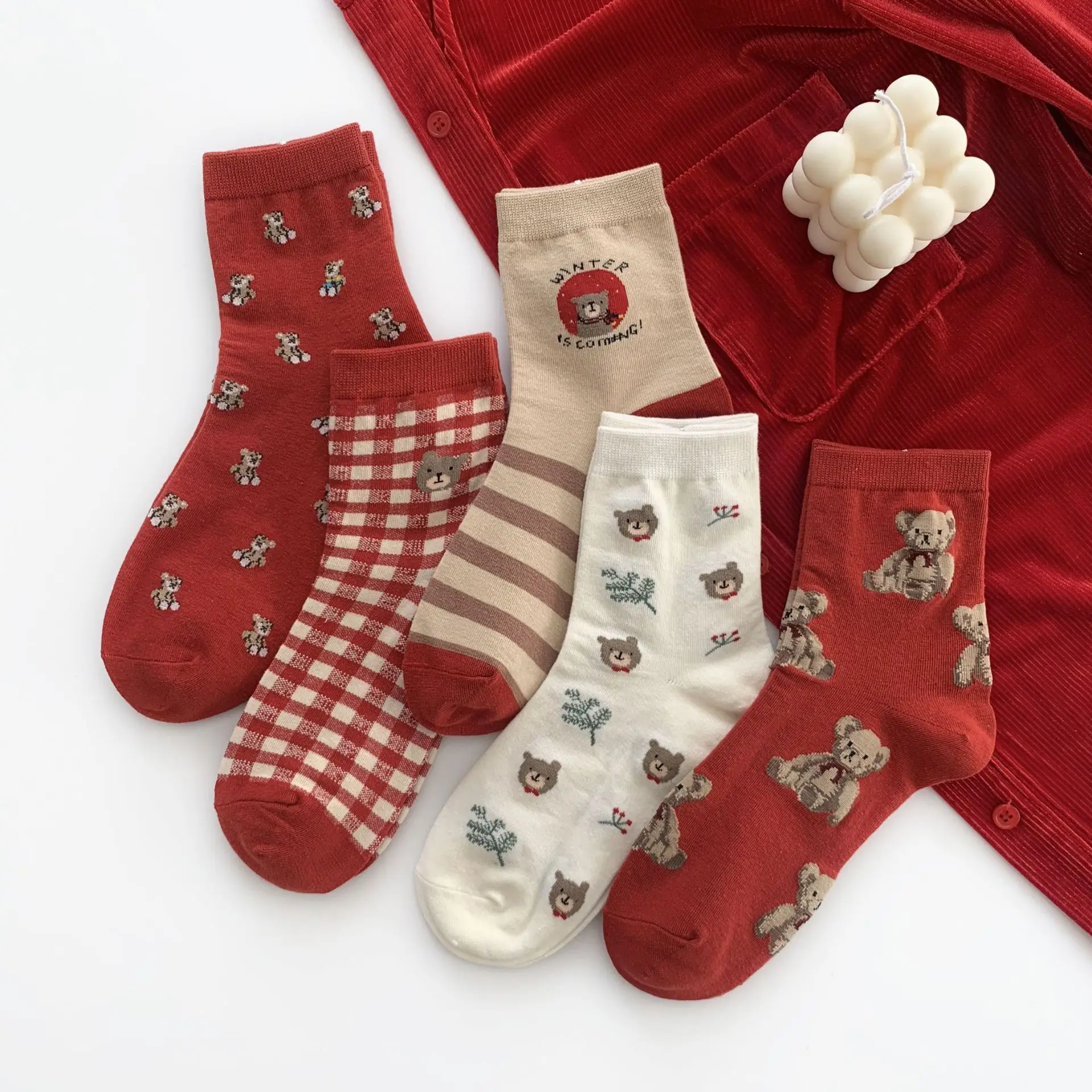 Wholesale Cartoon Red Dress New Year Cute Xmas Socks Festival Women Christmas Cotton Socks