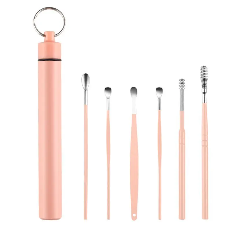 6Pcs Yellow Pink Ear Cleaner Kits Stainless Steel Earpick Earwax Remover Spoon Spiral Ear Cleaning Tool