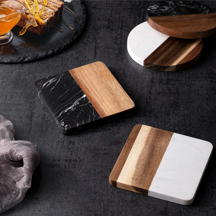 Factory Wholesale Square White Wooden Marble Coaster Round Hexagon Marble And Wood Coasters 4 Set For Tea Drink