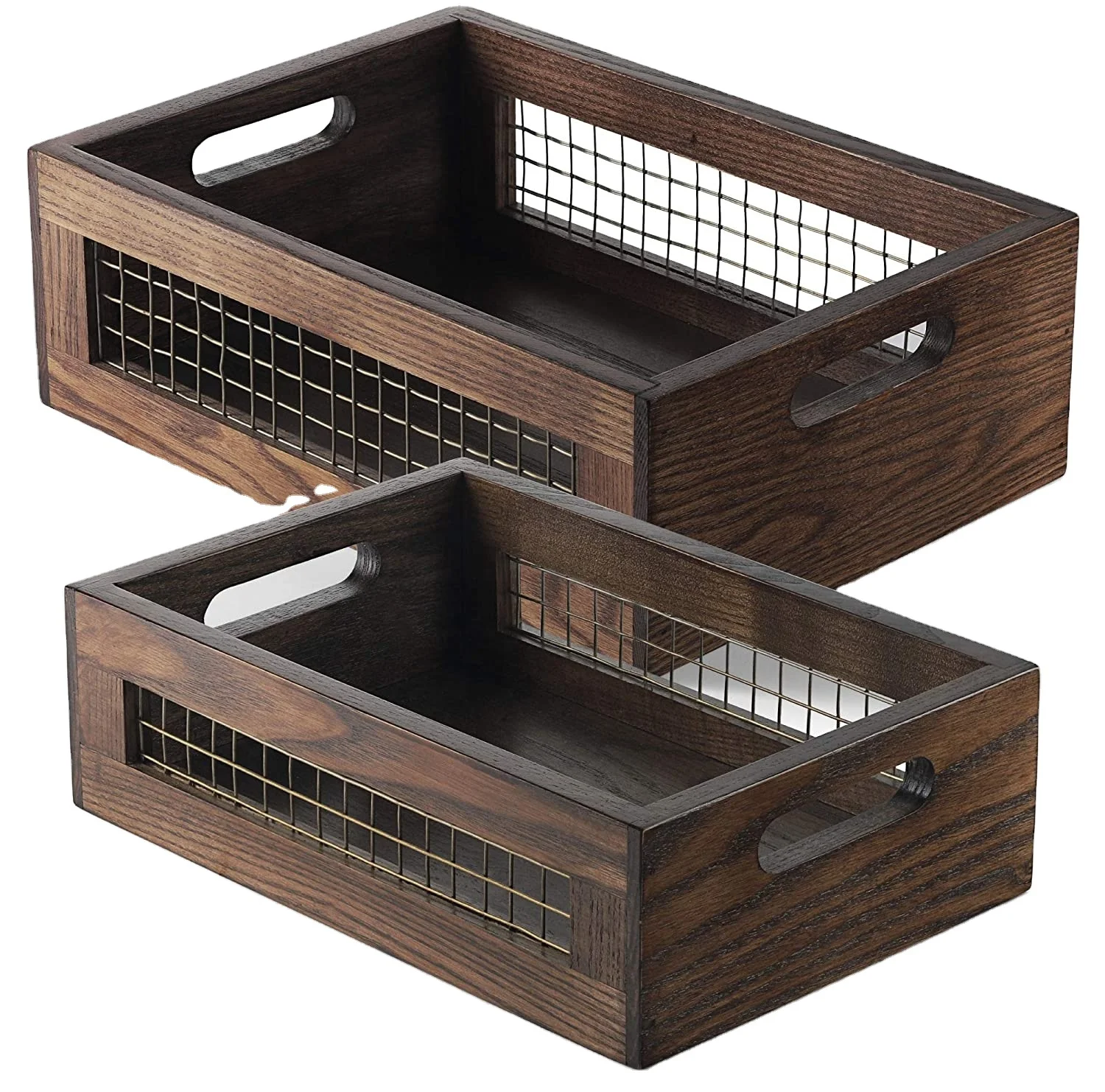 Set of 2 Rustic Brown Decorative Wooden Crate Wood Storage Box Wood Crates Container Cube Basket Bins Organizer for Home Office