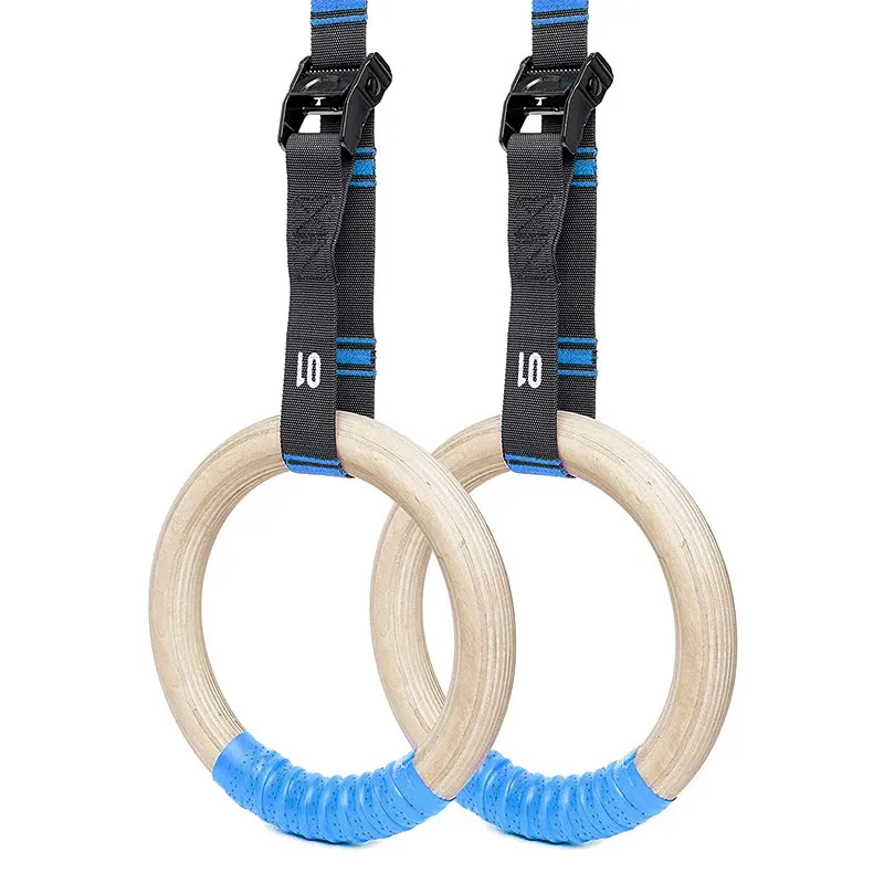 Adjustable Strap Core Strength Exercise Gymnastic Wooden Gym Rings