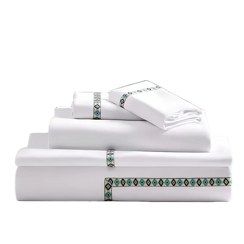 Five Star Hotel Luxury White 100% Cotton Bedding Set 4 Pc Floral Woven Bed Sheet for Home or Wedding Wholesale