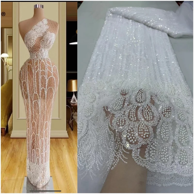 Luxury Tulle Lace Bridal Fabric Luxury Handmade Beads Lace Fabric Heavy Beaded Lace Fabric For Wedding Dress