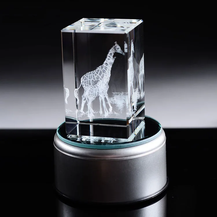Honor of crystal Custom Design Birthday Souvenir Gift Rotating Light Base Led Crystal Cube 3d Laser Engraved Crystal Glass Cube