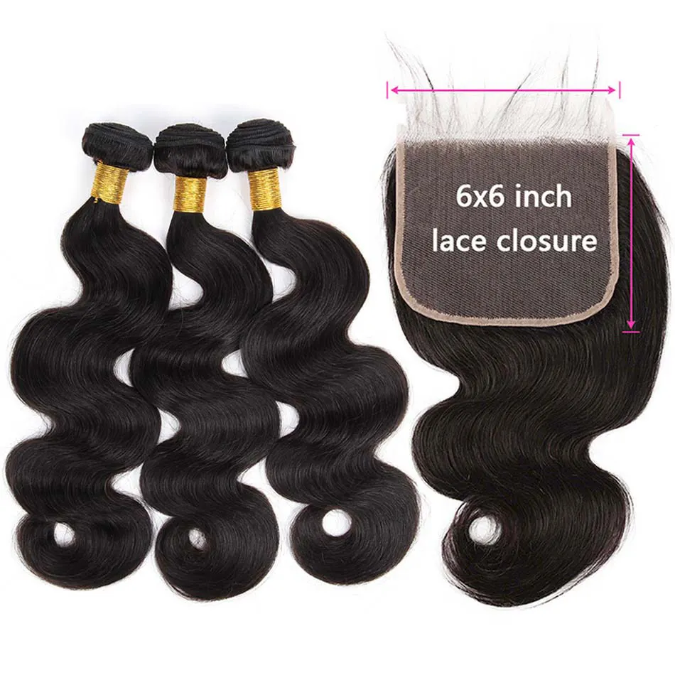 HD прозрачные 6x6 застежки и пучки бразильский Волнистый Топ 6x6 кружевная застежка с пучками Remy 100% человеческие волосы для наращивания