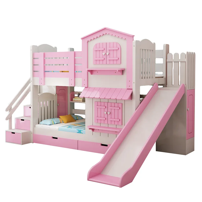 American Style High Quality single Pink Princess Children and kids double bunk Bed of castle ever pretty
