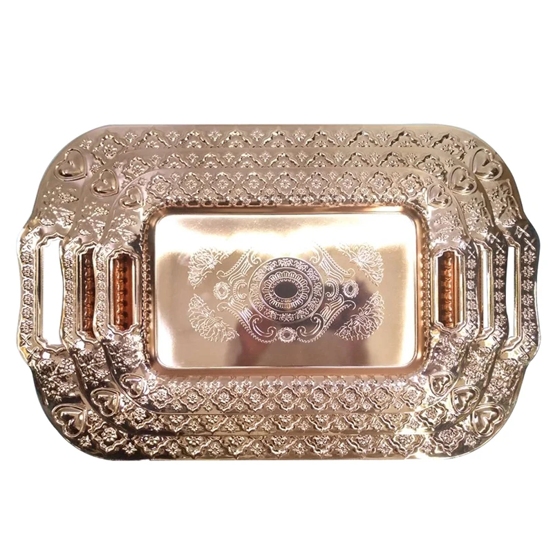 Hot Sell 3PCS Arabic Home Restaurant Hotel Buffet Server Rose Gold Luxury Food Serving Stainless Steel Tray Set