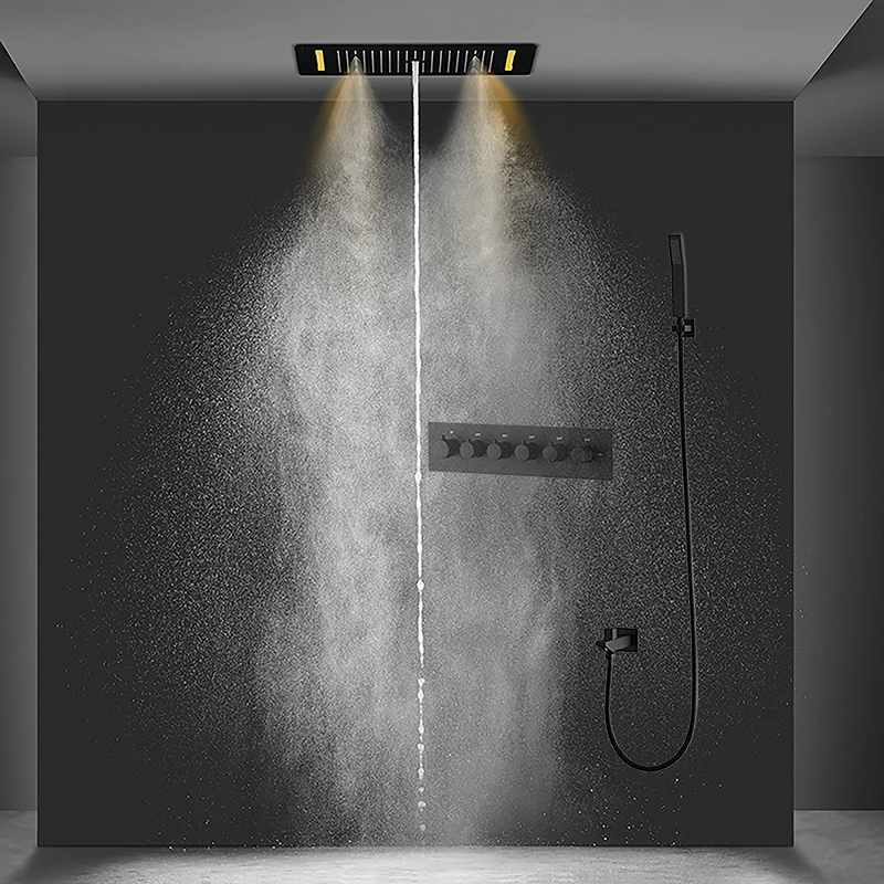 Bathroom Matt black Shower Set Waterfall Rainfall Massage Ceiling LED Shower Head Panel With Thermostatic Mixer Diverter Faucets