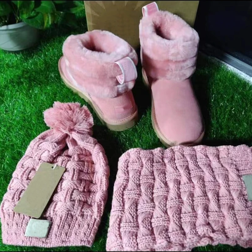 Оптовая продажа, модные и теплые женские зимние ботинки из настоящей овечьей шкуры, комплект из шапки и шарфа