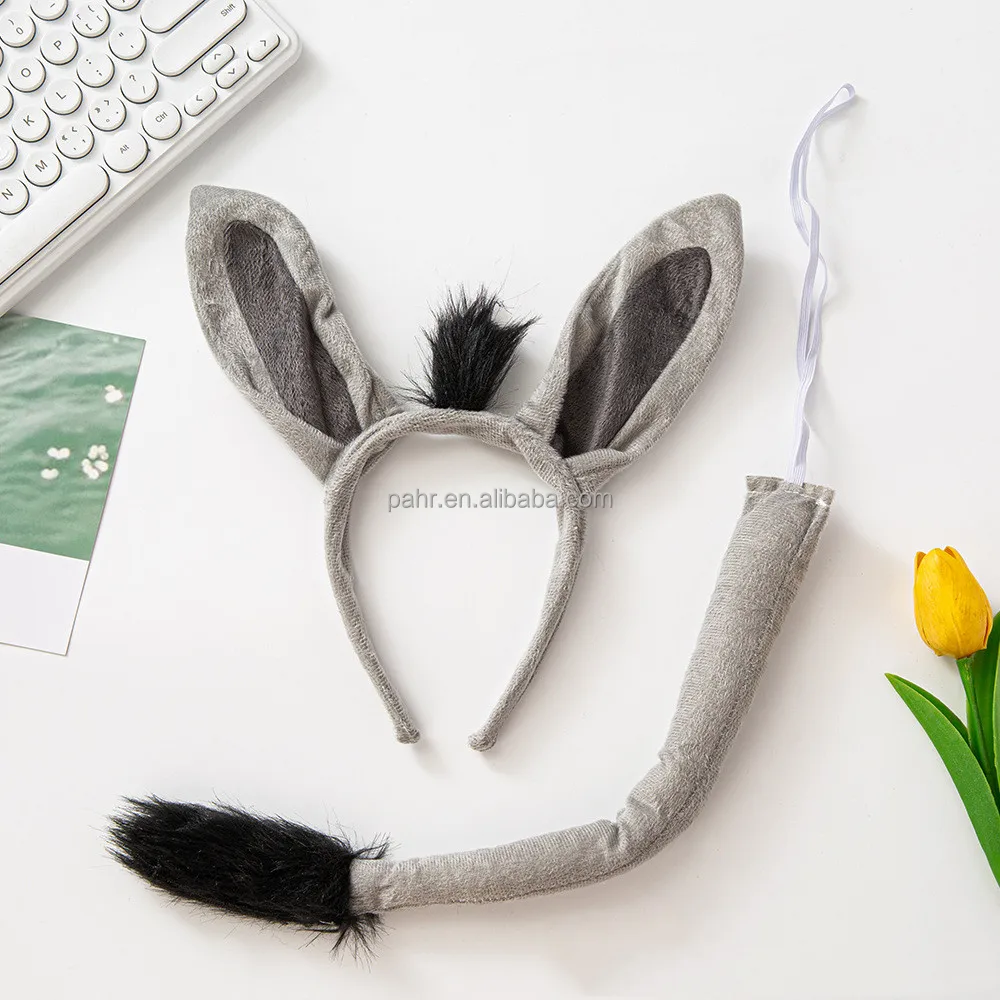 Halloween Party Donkey Cosplay Costume Accessories Animal Grey Donkey Ears Headband and Tail 2pc Set
