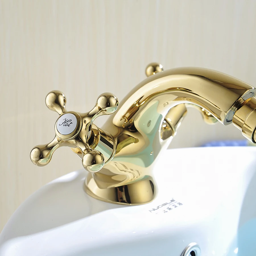Gold Solid Brass Bathroom Faucet Bathroom Taps Basin Mixer Deck Mounted Cold Hot Water Tap Bathroom Mixer Washbasin Faucet