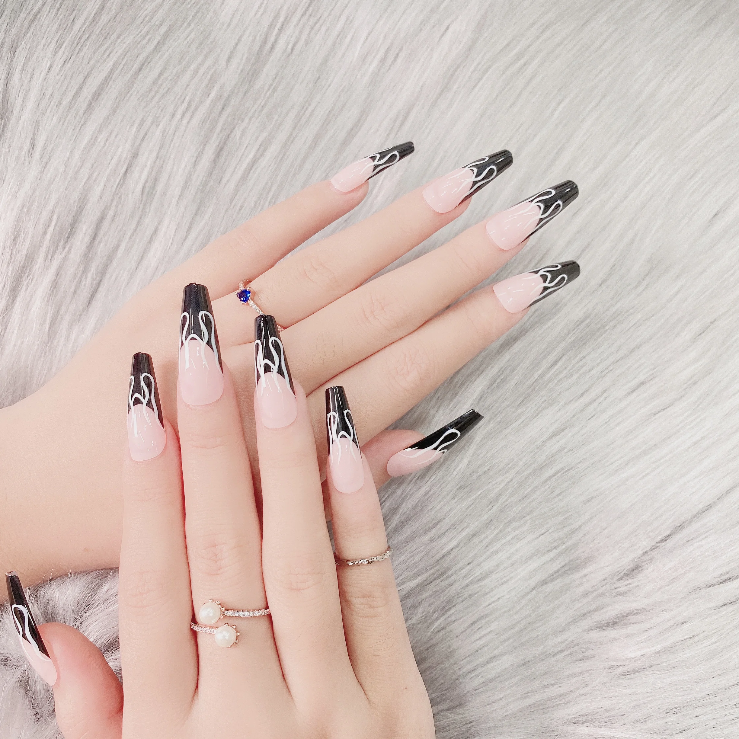 TSZS Wholesale Long Coffin Press on Nails Black Flame French Full Cover Nail Tips for Woman Girls with Glue Sticker