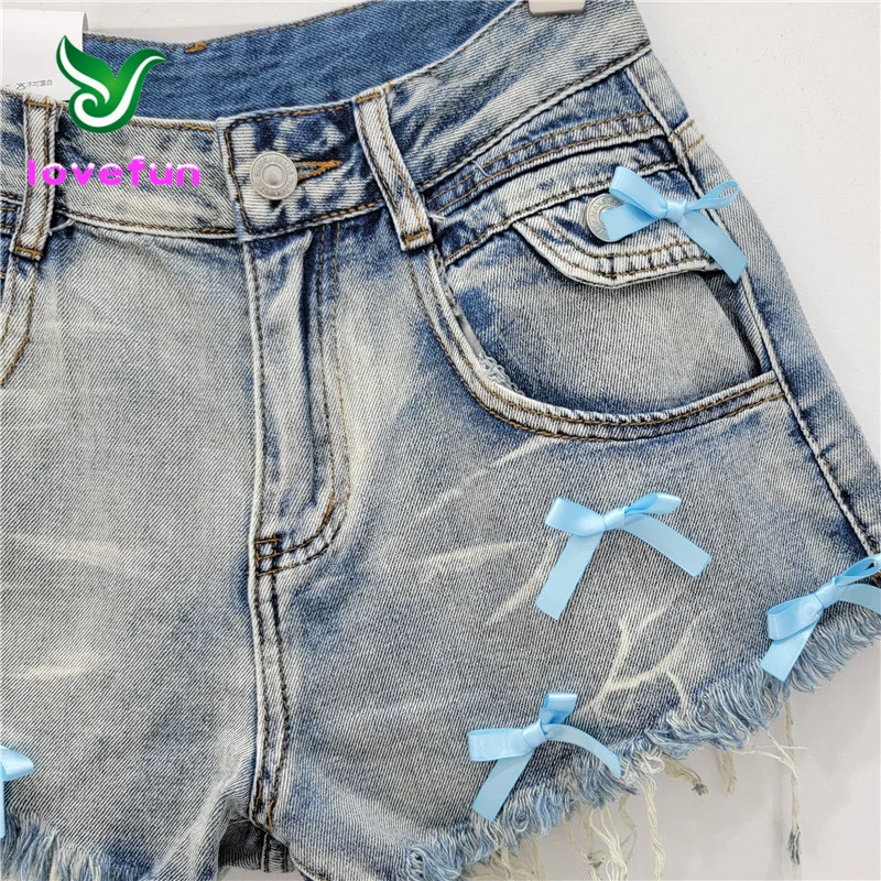 2024 Summer New Collection Leisure street clothing High Waist Fashion Hot Pants Vintage Bow Denim Shorts For Women