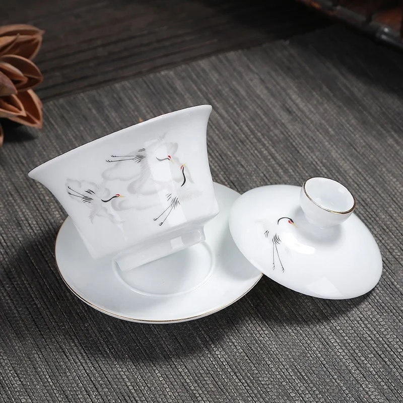 Чайные чашки Gongfu с красным журавлем набор крышек и чашек позолоченная Керамическая рамка Gaiwan