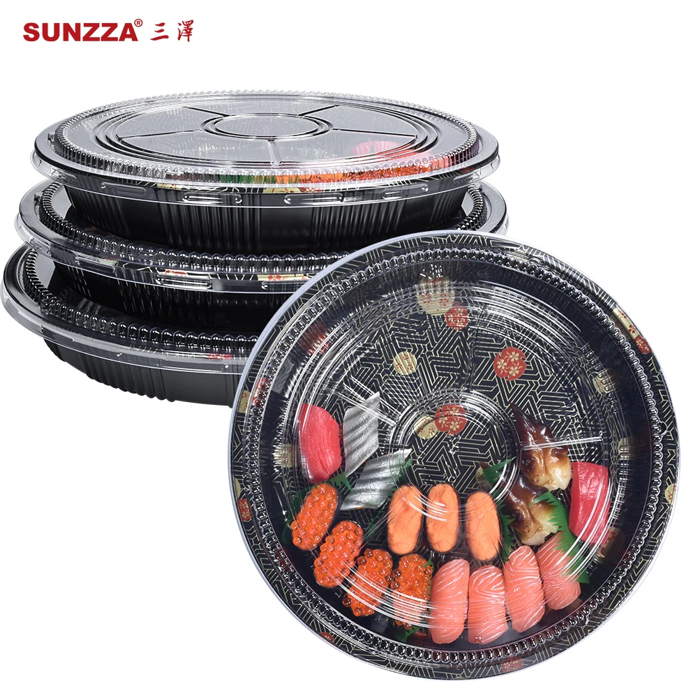 Sunzza free sample huawen 32 cm big round shape size disposable plastic blister pet anti fog lid sushi tray for restaurant