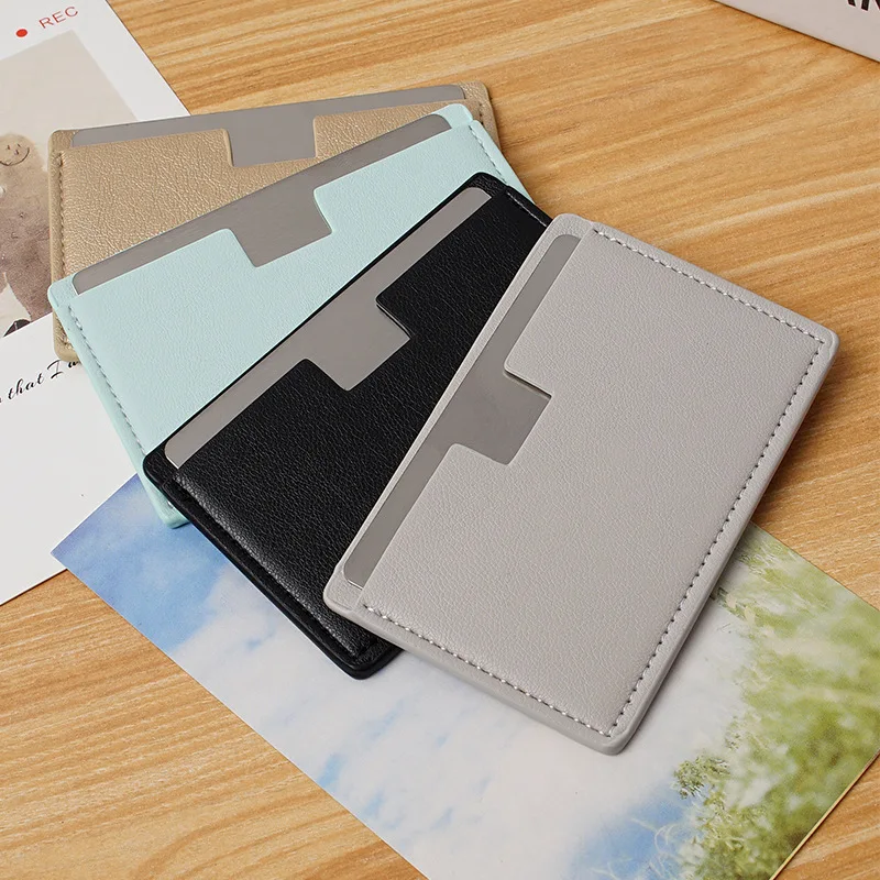 Wholesales Hand Held Cosmetic Stainless Steel Leather portable card compact pocket mirror foldable with heat welding finishing