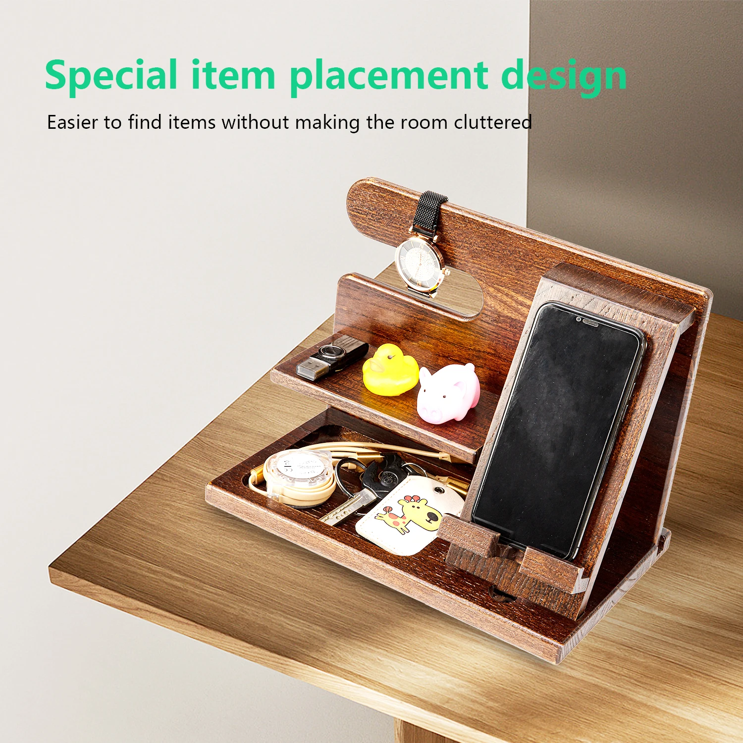 Shelf-Mounted Cell Phone Storage Rack Desktop Watch And Phone Wooden Docking Station